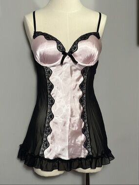 Linea Donatella Medium Satin Lace Chemise Slip Pink and Black